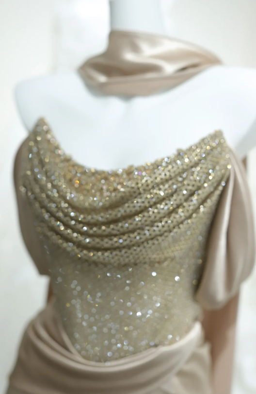 Chic Off-shoulder Sheath Satin Beaded Long Evening Dress Champagne Prom Dress DP06283