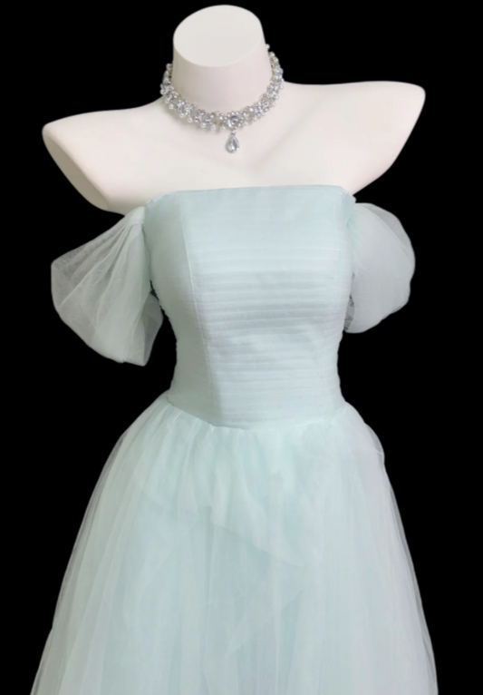 Elegantes schulterfreies A-Linien-Tüll-Abendkleid Tiffany Blau Ballkleid DP06286