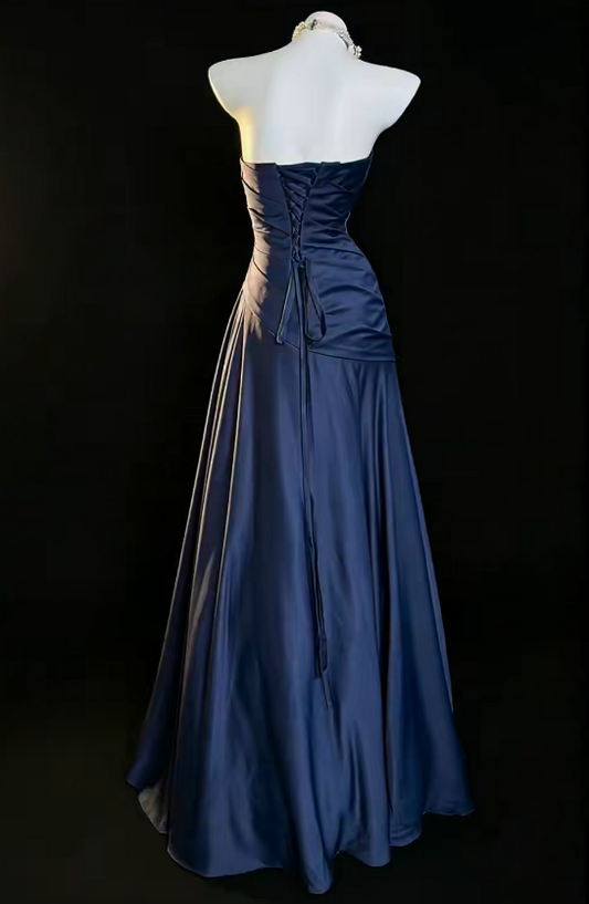 Chic Robe Longue de Soirée sans Bretelles en Satin Coupe A Bleu Marine Robe de Bal DP06287