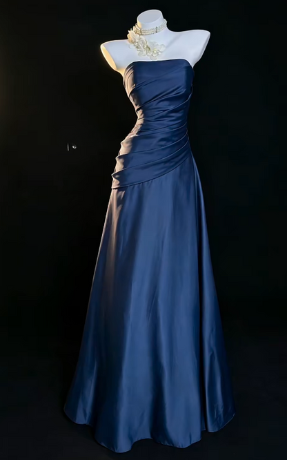 Chic Strapless A-Line Satin Long Evening Dress Navy Blue Prom Dress DP06287