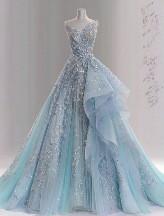 Robe de soirée longue trapèze en tulle à une épaule, bleu, robe de bal DP06289