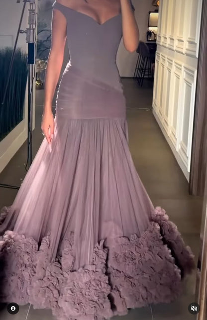 Chic Off-shoulder A-Line Tulle Long Evening Dress Dusty Purple Prom Dress DP06290