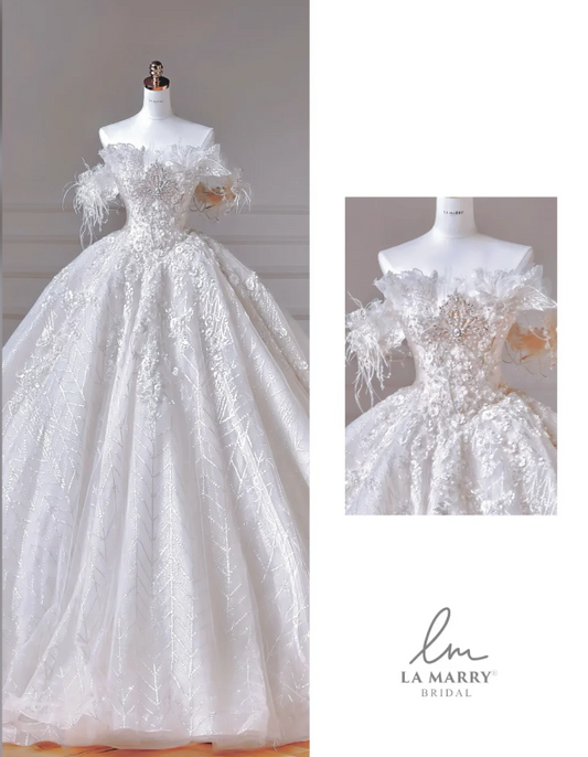 Robe de mariée intemporelle coupe trapèze à épaules dénudées, robe de mariée blanche en tulle avec appliques DP06294