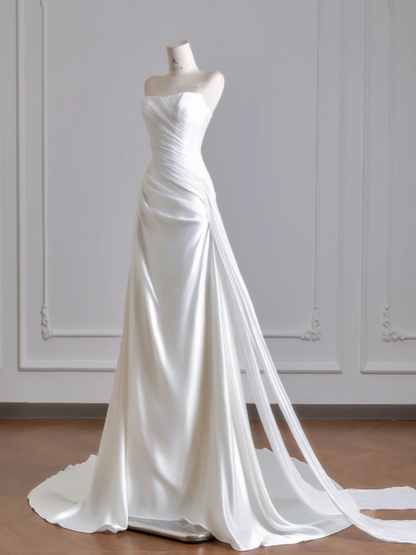 Timeless Strapless Sheath Wedding Dress White Bridal Gown Satin Bridal Dress DP06296