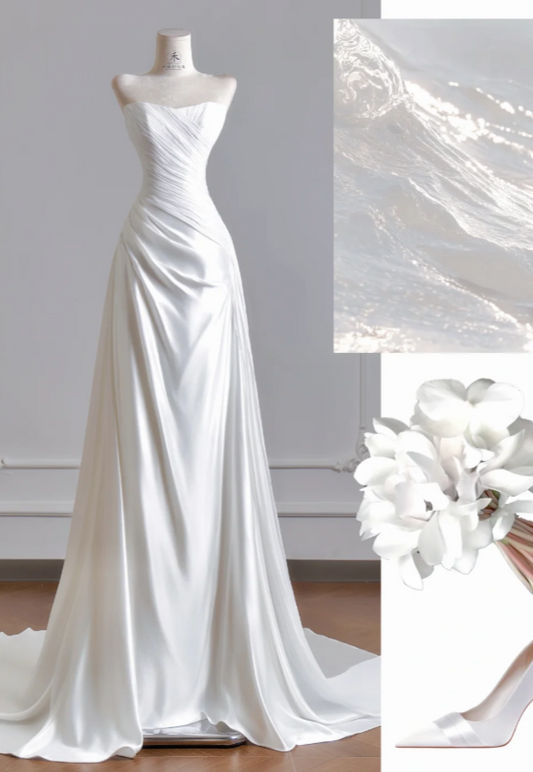 Zeitloses trägerloses Etui-Hochzeitskleid Weißes Brautkleid Satin-Brautkleid DP06296