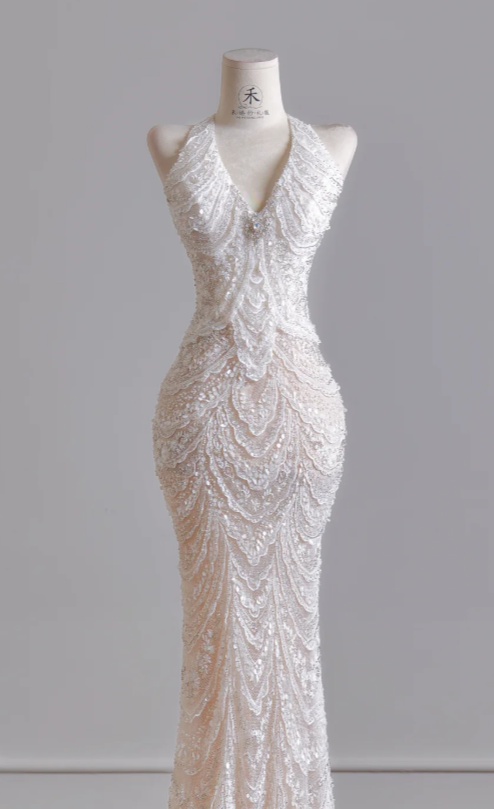 Timeless V-neck Mermaid Wedding Dress White Bridal Gown Sequins Tulle Bridal Dress DP06299