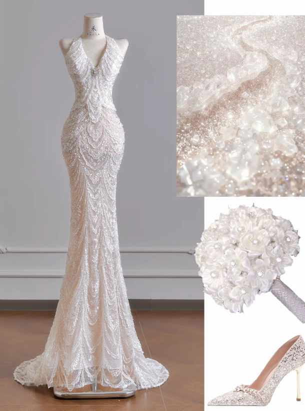 Timeless V-neck Mermaid Wedding Dress White Bridal Gown Sequins Tulle Bridal Dress DP06299