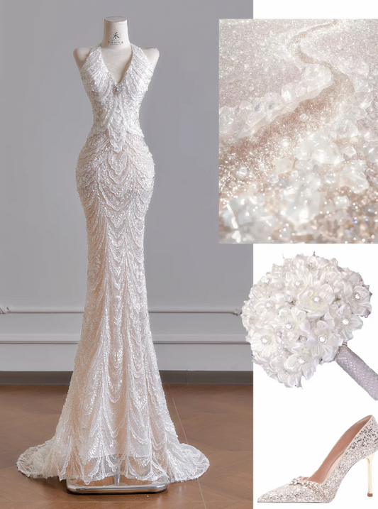 Zeitloses V-Ausschnitt Meerjungfrauen-Brautkleid Weißes Brautkleid Pailletten Tüll Hochzeitskleid DP06299