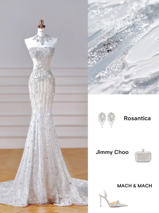 Zeitloses trägerloses Meerjungfrauen-Hochzeitskleid Weißes Brautkleid Perlenbesetztes Tüll-Brautkleid DP063000