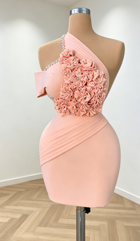 Sexy pinkes Hoco-Kleid Bodycon Chiffonkleid für Partys, schulterfrei, mit Applikationen, Geburtstagskleid DP06302