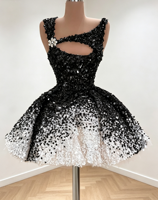 Sexy schwarzes Abschlussballkleid A-Linie Paillettenkleid für Party Träger Tüll Geburtstagskleid DP06303