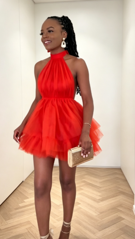 Sexy Rotes Hoco Kleid Neckholder A-Linie Kleid für Party Tüll Geburtstagskleid DP06304