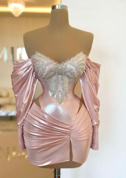 Sexy Pink Hoco Kleid schulterfreies Etuikleid für Party Satin Perlen Geburtstagskleid DP06306