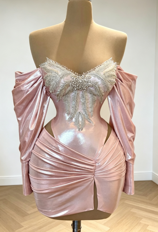 Sexy Pink Hoco Kleid schulterfreies Etuikleid für Party Satin Perlen Geburtstagskleid DP06306