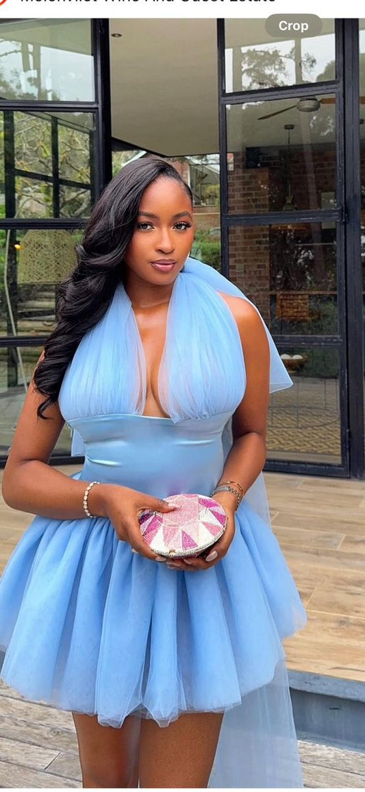 Sexy blaues Hoco-Kleid Neckholder A-Linien-Kleid für Party Tüll Geburtstagskleid DP06307