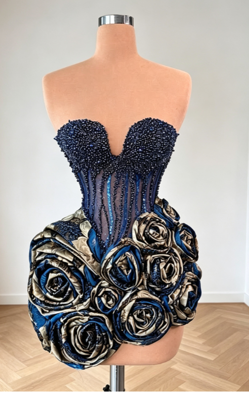 Robe de bal bleu marine sexy, robe fourreau bustier cœur pour soirée, robe d'anniversaire en tulle perlée DP06310