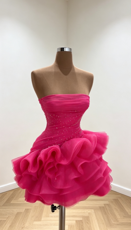 Sexy Hot Pink Hoco Kleid Trägerloses Etuikleid für Partys Tüll-Geburtstagskleid DP06315