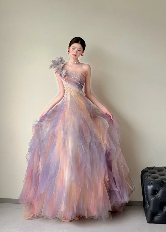 Glamouröses, schulterfreies Ballkleid A-Linien-Kleid für Partys Tüll-Abendkleid DP06317