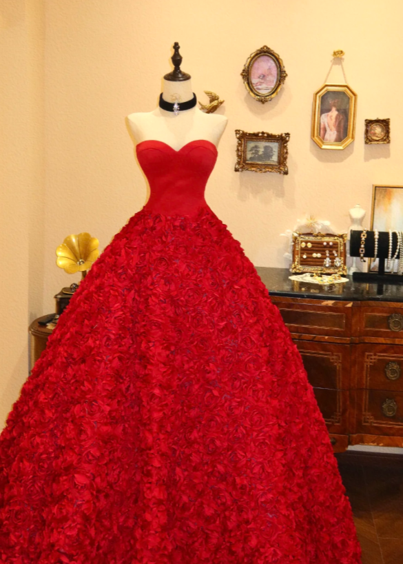 Robe de bal rouge glamour, robe de soirée trapèze bustier en tulle DP06318