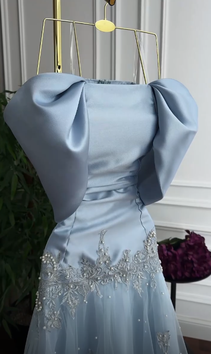 Glam Blue Prom Dress A-Line Dress for Party Satin Evening Dress DP06321