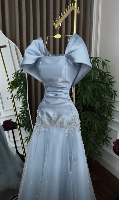 Glam Blue Prom Dress A-Line Dress for Party Satin Evening Dress DP06321
