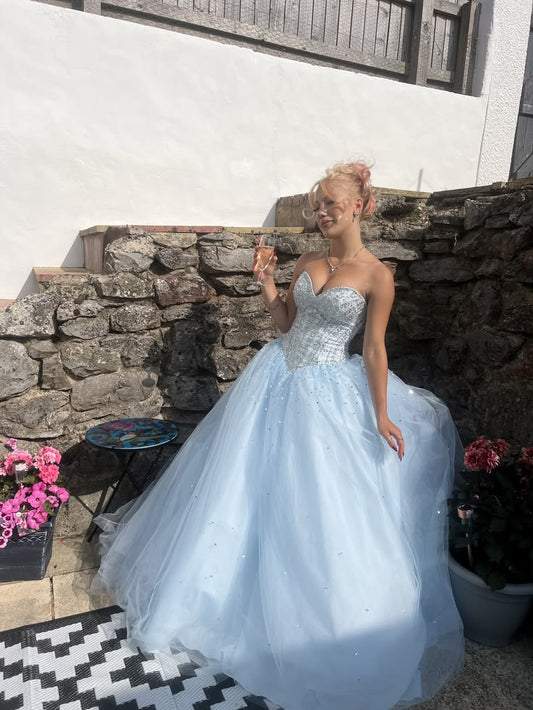 Glamouröses blaues Ballkleid, A-Linien-Kleid für Partys, Tüll-Abendkleid DP06324