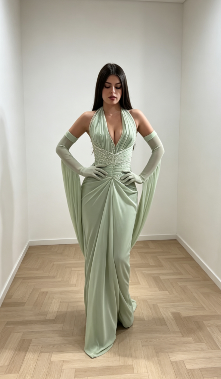 Glam Sage Prom Dress Sheath Dress for Party Chiffon Evening Dress DP06328