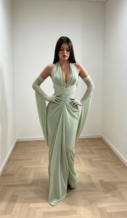Glam Sage Prom Dress Sheath Dress for Party Chiffon Evening Dress DP06328