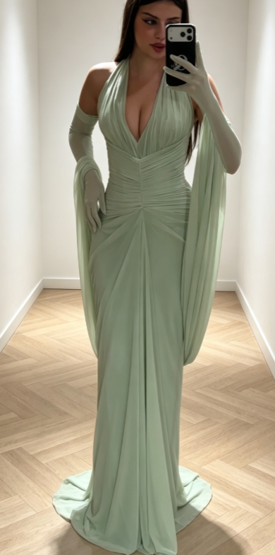 Glam Sage Prom Dress Sheath Dress for Party Chiffon Evening Dress DP06328