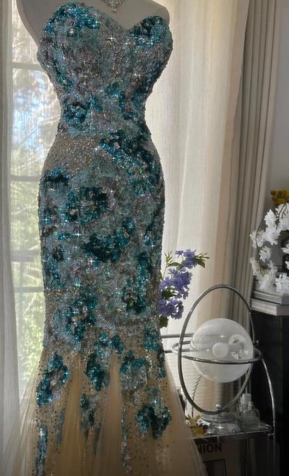 Glam Blue Prom Dress Sheath Dress for Party Beaded Tulle Evening Dress DP06333