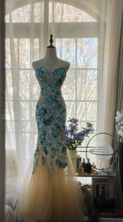 Glam Blue Prom Dress Sheath Dress for Party Beaded Tulle Evening Dress DP06333