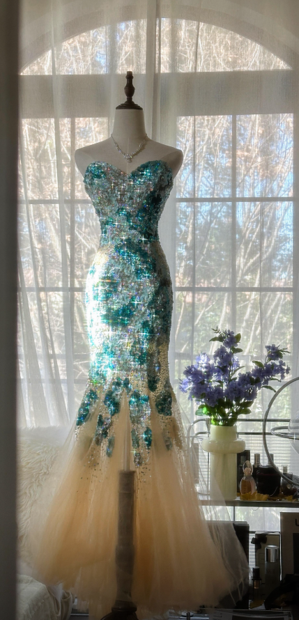 Glam Blue Prom Dress Sheath Dress for Party Beaded Tulle Evening Dress DP06333