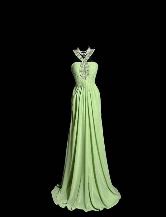 Robe de bal fourreau vert glamour en mousseline pour soirée DP06334
