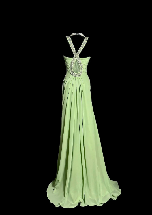 Robe de bal fourreau vert glamour en mousseline pour soirée DP06334