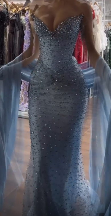 Robe de bal bleu poussière glamour fourreau pour soirée en tulle perlé Robe de soirée DP06335