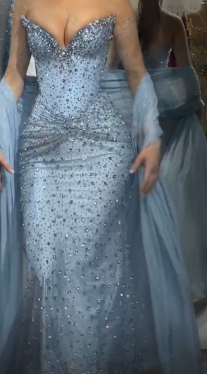 Robe de bal bleu poussière glamour fourreau pour soirée en tulle perlé Robe de soirée DP06335