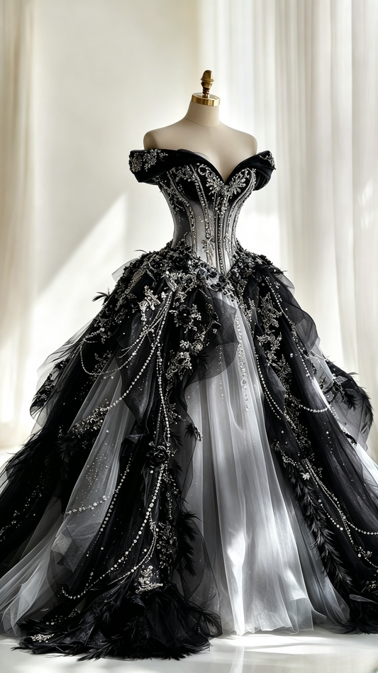 Elegantes schwarzes Ballkleid Quinceanera-Kleid schulterfrei Tüll Sweet 16 Kleid DP06336