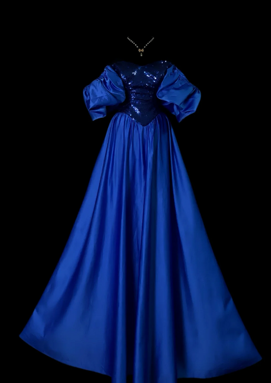 Elegantes blaues Ballkleid schulterfrei A-Linie Satin langes Abendkleid DP06340