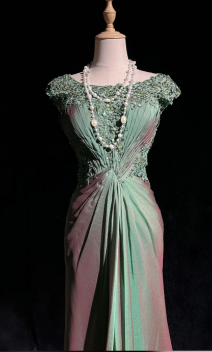 Chic Green Prom Dress Sheath Satin Long Evening Dress DP06341