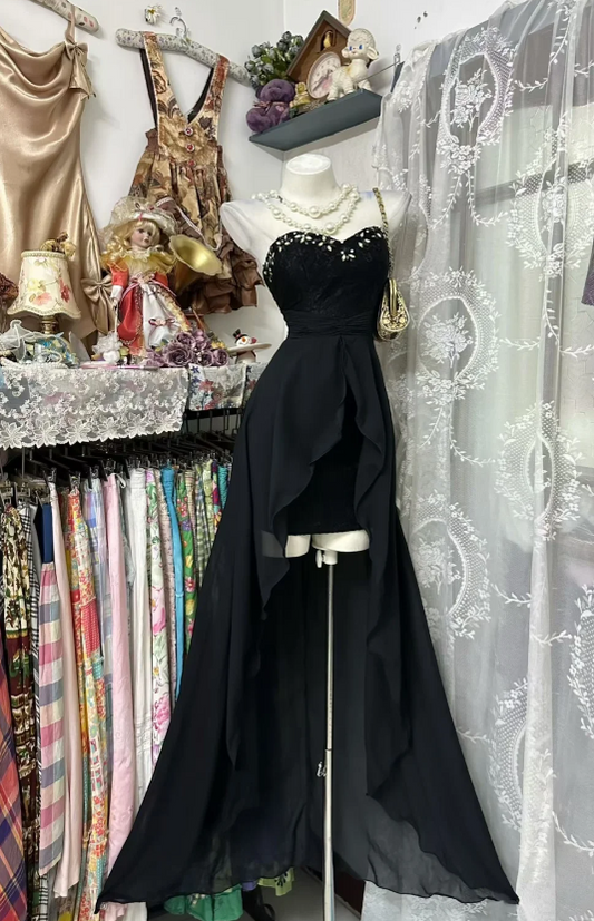 Elegantes schwarzes Ballkleid aus Chiffon, langes Abendkleid DP06343