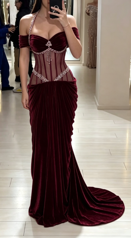 Elegantes burgunderrotes Ballkleid, Scheide, Samt, langes Abendkleid DP06344