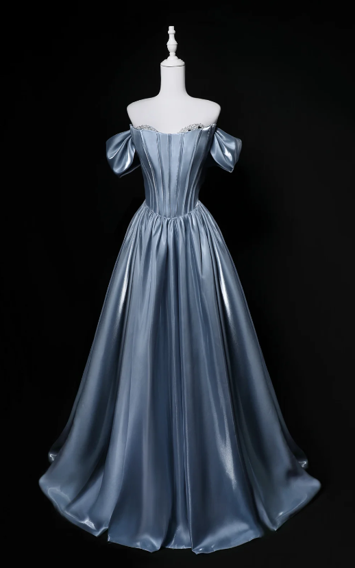 Elegantes staubblaues Ballkleid, schulterfreies A-Linien-Satin-Abendkleid DP06345