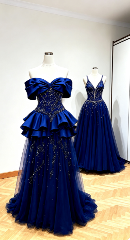 Elegantes blaues Ballkleid schulterfrei A-Linie Satin Tüll langes Abendkleid DP06350