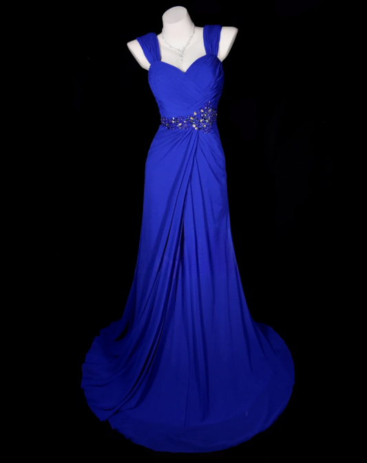 Robe de soirée élégante bleue, bretelles, fourreau en mousseline de soie, robe de bal DP06367