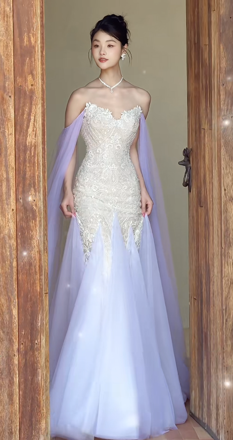 Elegant Lilac Evening Dress Sweetheart Sheath Tulle Beaded Prom Dress DP06368