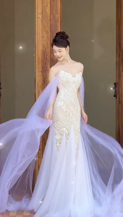 Robe de soirée élégante lilas bustier fourreau tulle perlé pour bal de promo DP06368