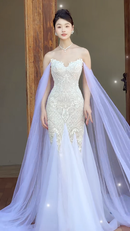Robe de soirée élégante lilas bustier fourreau tulle perlé pour bal de promo DP06368