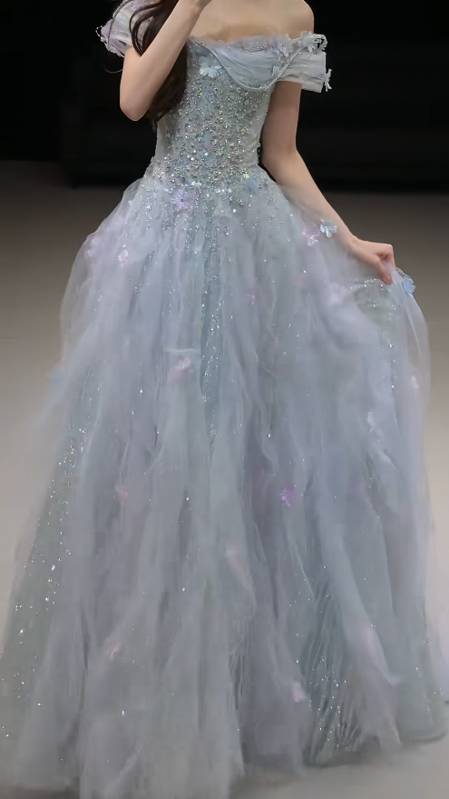Élégante Robe de Soirée Bleu Pâle Épaules Dénudées Coupe A-Line Tulle Perlé Robe de Bal DP06369