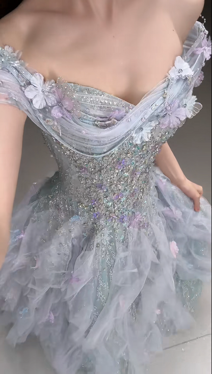 Elegant Pale Blue Evening Dress Off-shoulder A-Line Tulle Beaded Prom Dress  DP06369