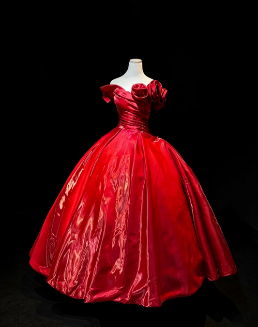Robe de soirée élégante rouge, épaules dénudées, ligne A, en satin, pour bal de promo DP06370